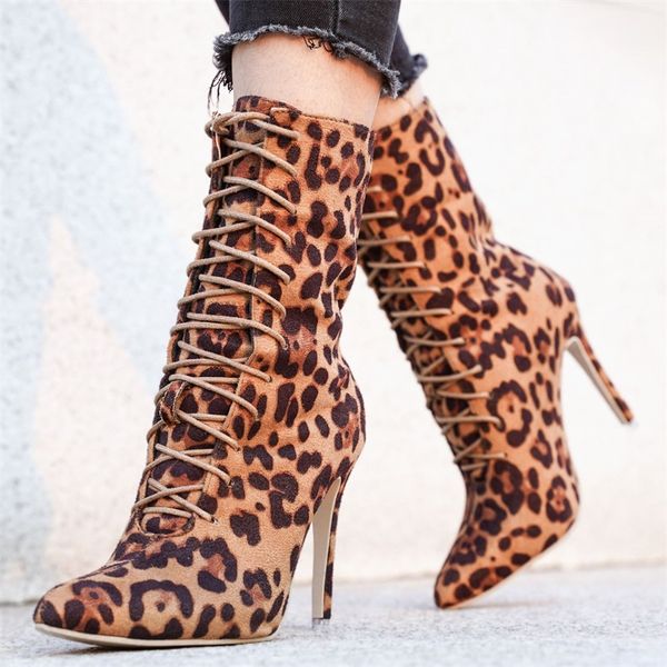 

women's ankle boots 2020 autumn leopard pointed toe ladies high heel shoes thin heel 35-43 lace up female short boots, Black