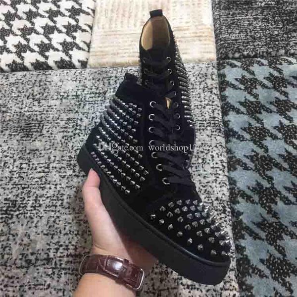 

brand designer italy shoes red bottom men's spiked flat sneaker black matte suede with bronze spiked,luxury high cut casual trainers