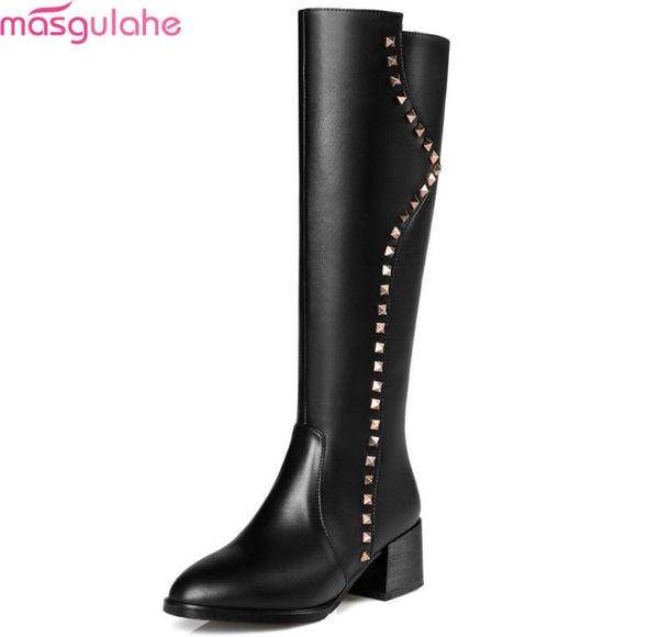

boots masgulahe plus size 33-45 women zipper genuine leather ladies square heel rivet cow knee high, Black