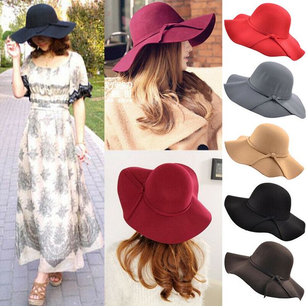 

HOT Women Vintage Woolen Big Hat Top Wavy Side Big Edge Visor Hats Beach Sun Cap British Vintage Fleece Hat-Black, Blue;gray