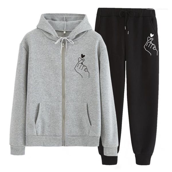 

love printed leisure tracksuits designer couple zipper hooded loose sweater trousers casual two piece suit mens, Gray