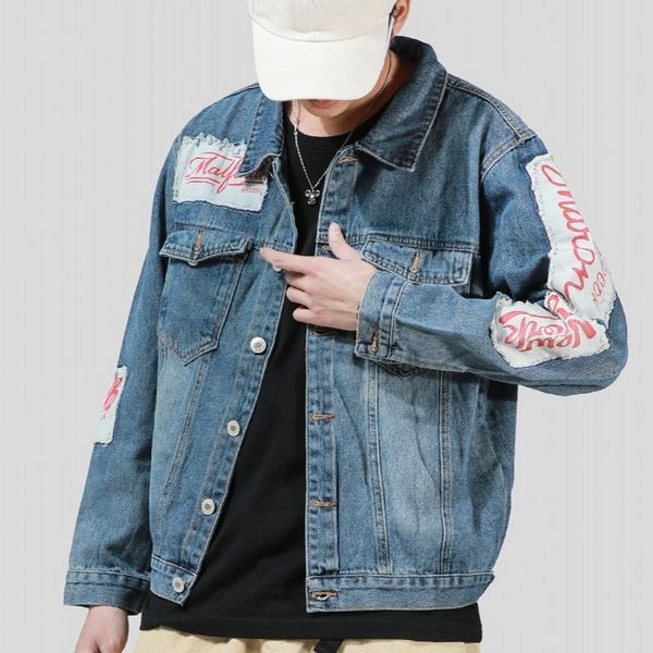 

spring new brand harajuka vintage patch printing mens wash denim jackets single breasted lapel loose casual male outerwear coats, Black;brown