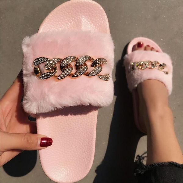 

puimentiua fur slides for women summer flats ladies slippers bling rhinestone flip flops home outdoor winter warm casual shoes, Black