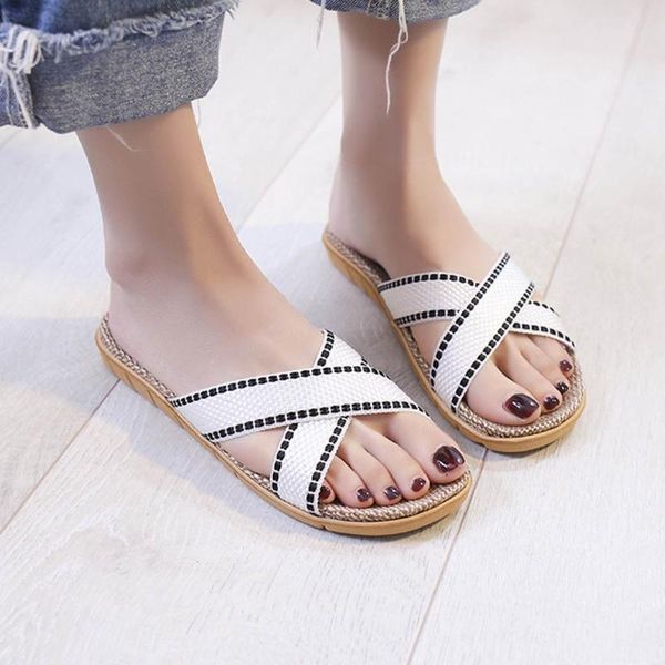

women summer casual beach slippers home slipper cross strap casual shoes linen slippers plus size women #6.9, Black
