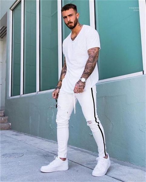 

street style skinny striped solid color pencil pants fashion mens jeans holes designer mens jeans casual sexy, Blue