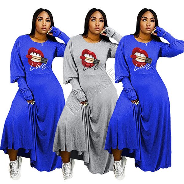 

plus size women dress designer lips lipstick print long sleeve round collar fashion casual dress autumn winter maxiskit long dresses d81901, White
