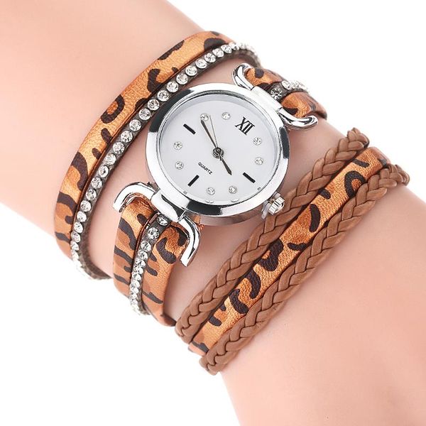 

fashion women leopard print bracelet watch luxury ladies pu braided leather analog quartz wrist watches clock, Slivery;brown