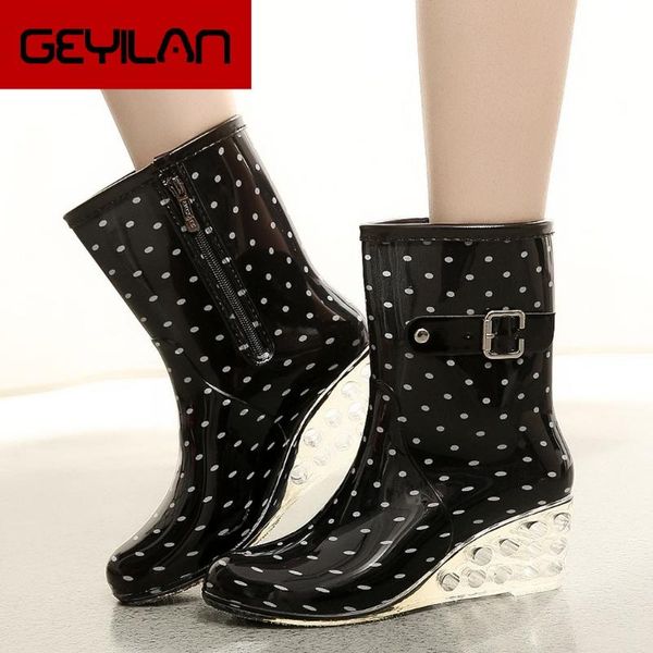 

boots punk style water shoes woman casual buckle strap mid snow women's non-slip rain outdoor wedge, Black