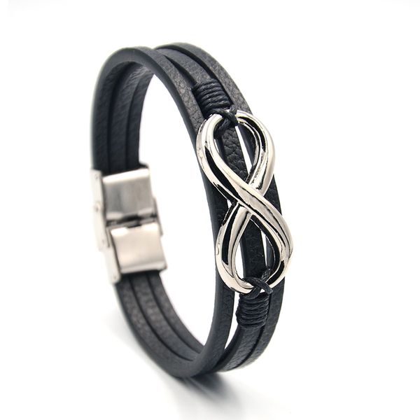 

junwei fashion men's alloy wireless symbol leather bracelet stainless steel release buckle bracelet multi-layer jewelry, Black