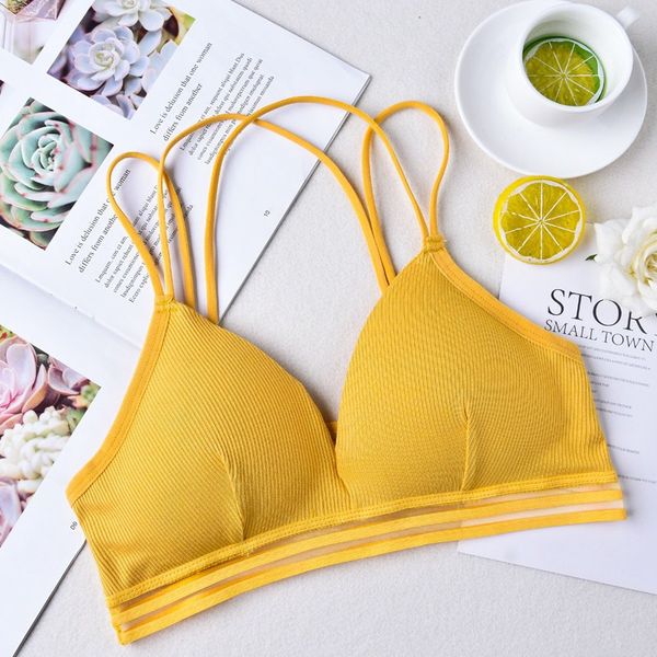 

sports bra french triangle cup thin shoulder strap beauty back tube bra solid color thread camisole, White;black