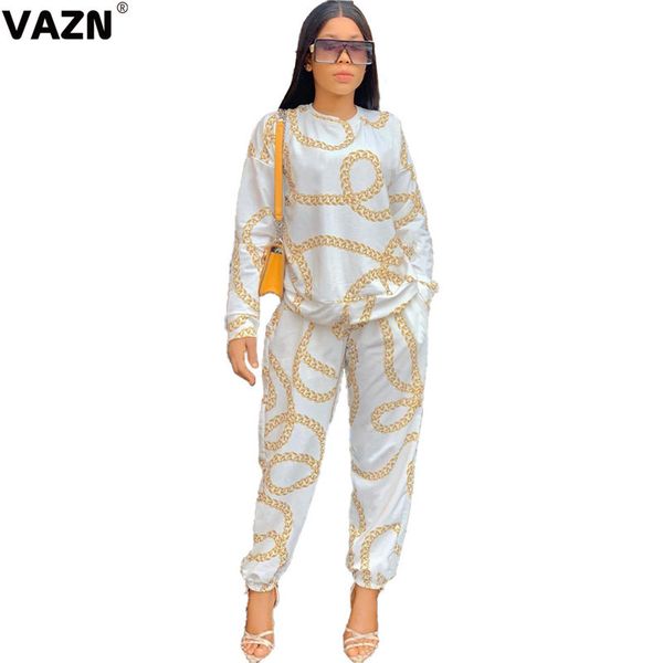 

vazn s-xxl 2020 autumn lady white print 2-piece long set full sleeve o-neck pullover t-shirt lantern pants set casual sets x0923, Gray