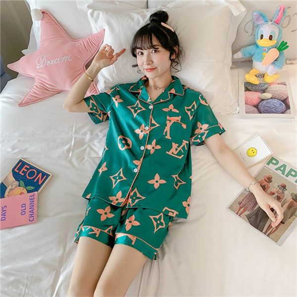 

g2 summer students korean version of lovely home wear set ice silk pajamas women summer short sleeve two piece suit imitation silk, White