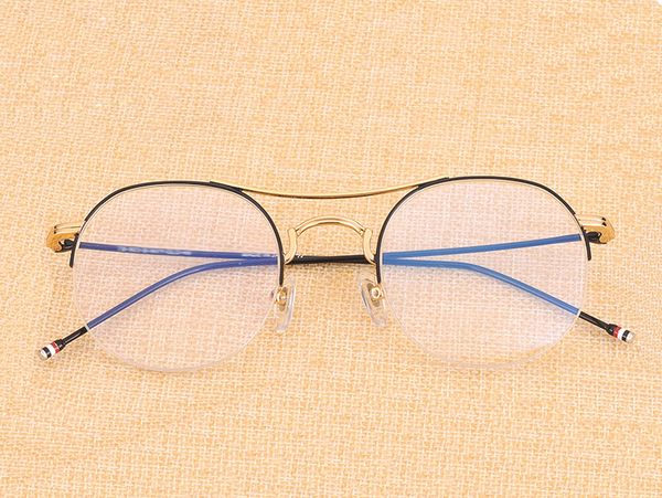 

vintage titanium eyeglasses half rim round optical frame prescription spectacle frameless glasses for men thom tb903 eyeglasses, Black