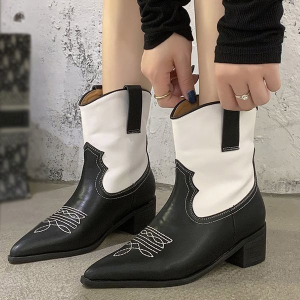 

women mid carf boots ladies sewing pu leather pointed toe boots woman square heels slip on fashion shoes female casual footwear, Black
