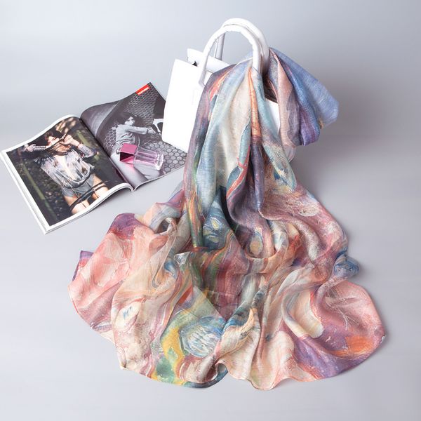 

scarves spring and summer silk scarf jacquard printing oil painting female national style beach towel sunscreen shawl, Blue;gray