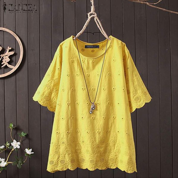 

zanzea summer hollow out women blouse vintage embroidery short sleeve blusas femininas solid cotton linen shirts robe femme, White