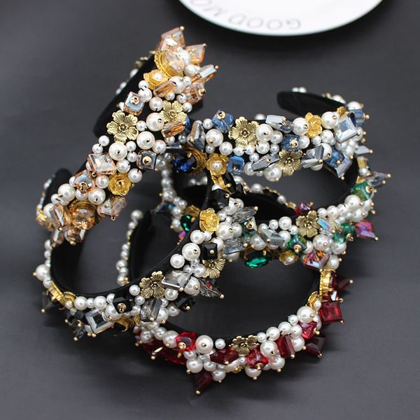 

vintage multicolor headband baroque exaggerated crystal pearls with headband catwalk dance party luxury multicolor headband 672 t191026, Slivery;golden