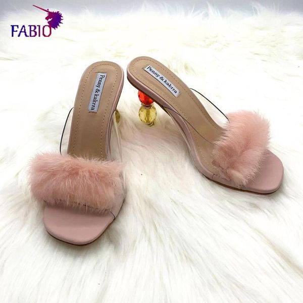 

european and american new color crystal with transparent glass film real wool women's slippers, Black