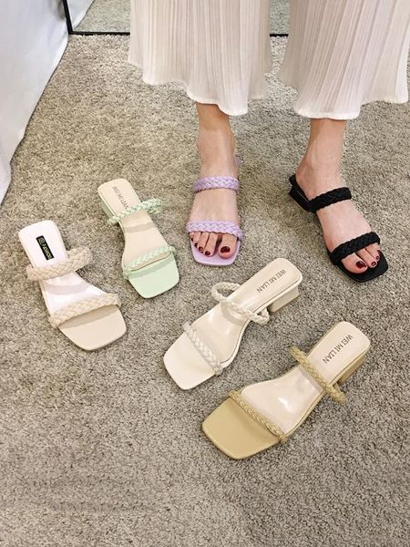 

women's shoes slippers women 2020 summer new fashion woven thick heel large size mid heel shoes, Black