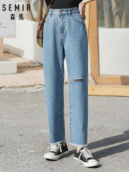 

semir jeans women 2020 spring new loose small tapered pants hole retro chic thin slacks pants cotton soft jeans, Blue