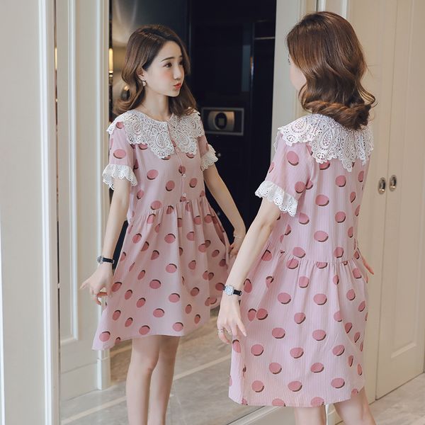 

maternity clothes loose stylish peter pan collar polka dot dress for pregnant women mid-long a line dress pregnancy clothes, White