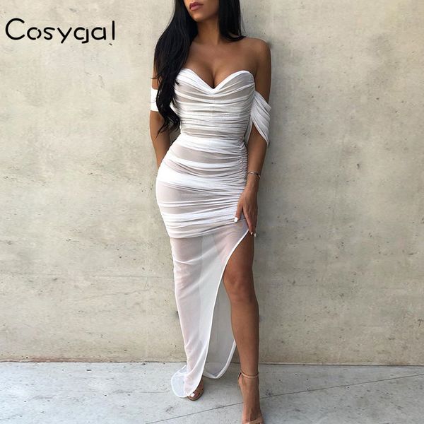 

cosygal off shoulder white mesh dress women club party dress elegant side split bodycon maxi long dresses vestidos 2020, Black;gray