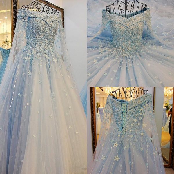 

amazing sky blue handmade flowers wedding dresses 2021 pearls beaded off shoulder tulle bridal gowns a line wedding dresses, White