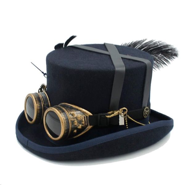 

women men wool handmade steampunk hat with steam punk glasses gear feather fedora cosplay party hat 4 size 4color, Blue;gray