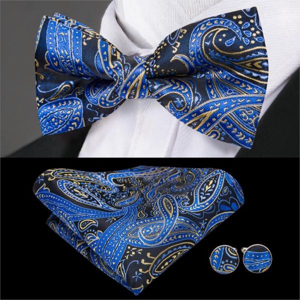 

barry.wang blue bowtie men silk bowtie floral butterfly tie paisley bow set handkerchief cufflinks pre-tied for wedding, Black;gray