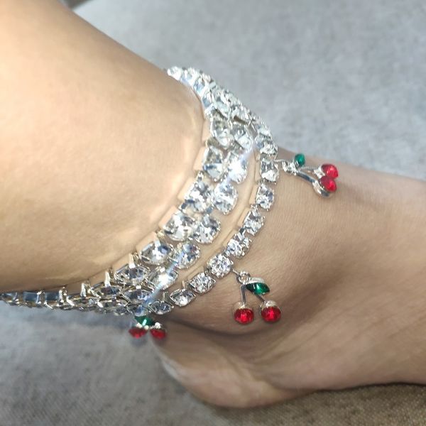 

rhinestone cherry ankle bracelet tennis chain crystal anklets for women beach leg foot bracelets boho jewelry t200901, Red;blue
