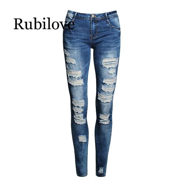 

rubilove new blue jeans pancil pants women high waist slim hole ripped denim jeans casual stretch trousers pants for women