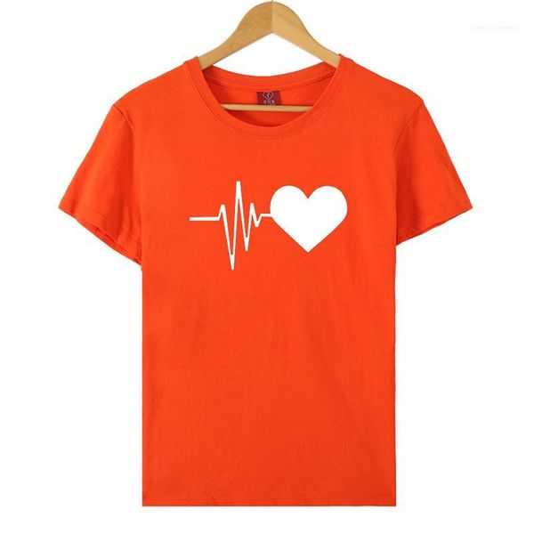 

print short sleeve tshirt womens summer regular length designer clothing crew neck loose cute heart, White
