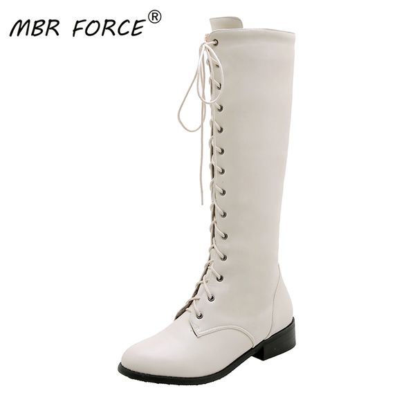

mbr force new fashion women cross strap lace up pu leather boots autumn knee high boots ladies platform botas mujer high quality, Black