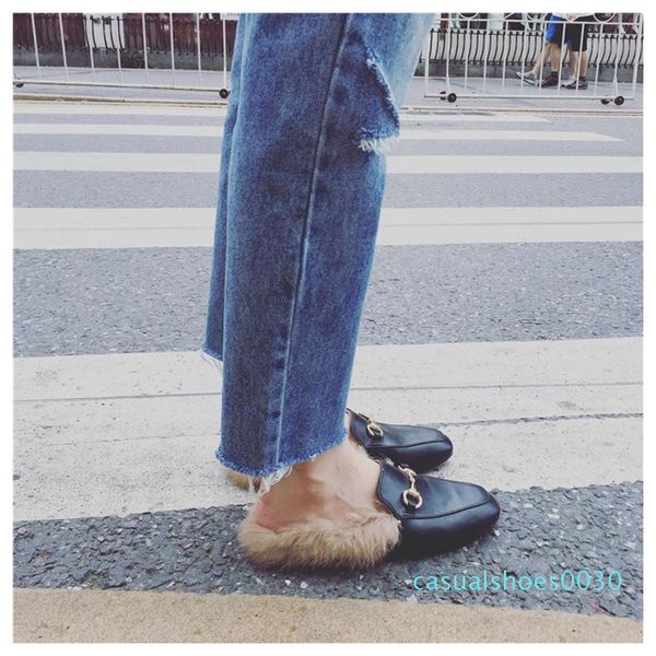 

women fur slippers plush home slipper slip on mule women flat casual shoes british buckle loafer women outdoor slipper chaussure2 c30, Black