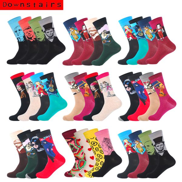 

downstairs men socks 4pairs/lot striped trend funny pattern 9 selects fashion breathable hip hop designer happy sock, Black
