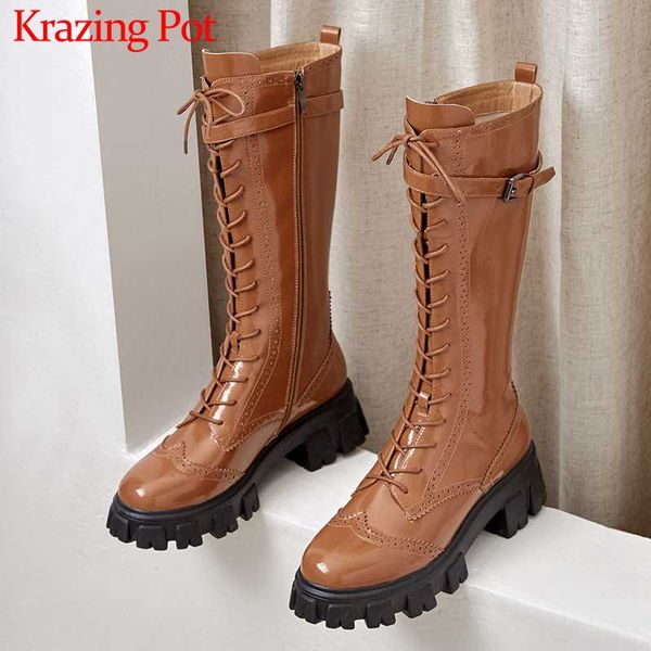 

krazing горшок из натуральной кожи толстым дном британский зашнуровать круглый носок туфли на высоких каблуках пряжки ремня ремни зимы теплы, Black