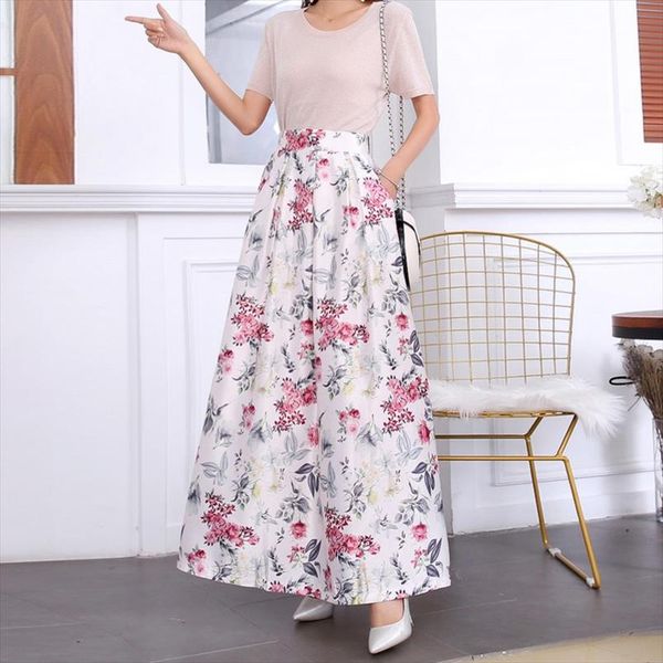 

summer floral skirts womens vintage jupe longue femme high waist letter casual long maxi elastic skirt with pockets swing 2020 fashion, Black