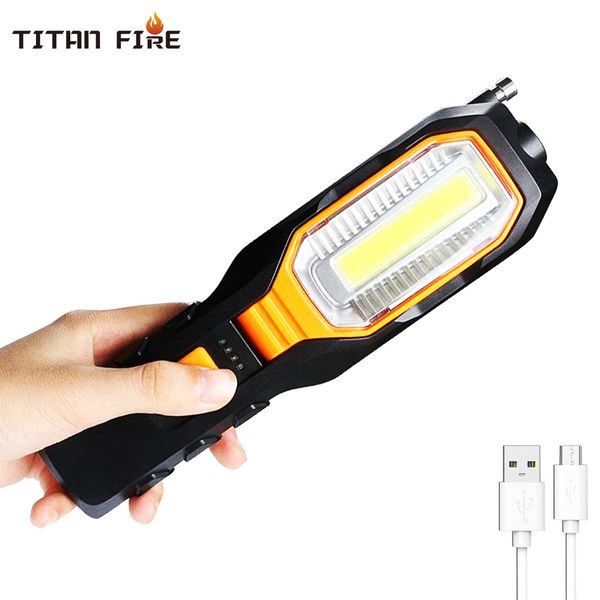 

portable handheld usb flashlight led rechargeable work light cob rotatable torch magnet hook 4 mode for car