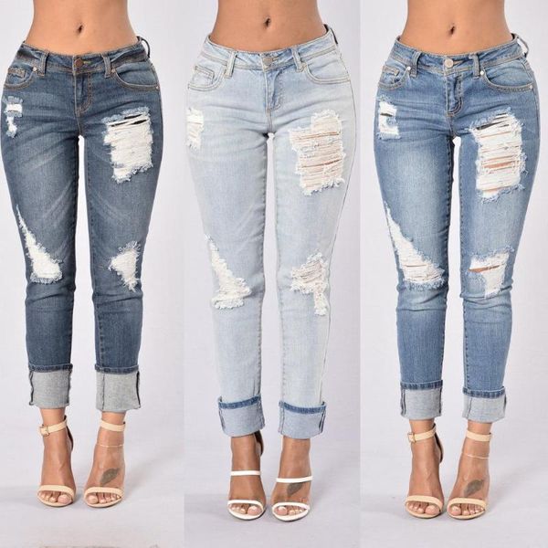 

hole ripped jeans women pencil denim pants spring ankle-length cuffs boyfriends skinny jeans for woman plus size, Blue
