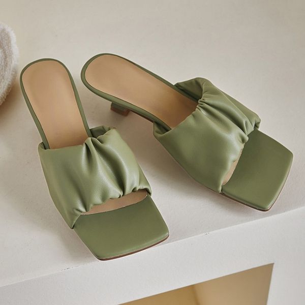 

the latest super fire outside wear high-heeled slippers women fold word slippers female macaron color wear high heels women, Black