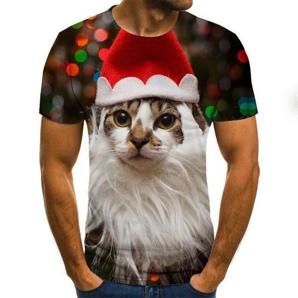 

cute cat pattern t -shirt summer short -sleeved o -neck 3d red hat animal print men 's clothing 3d print shirts hentai men clothing