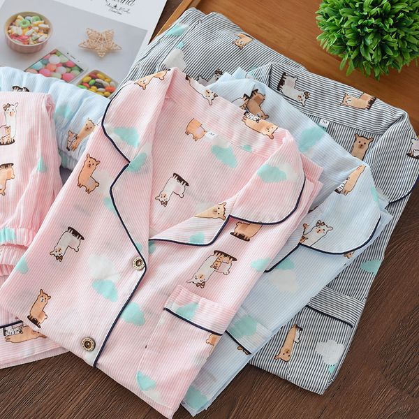 

japanese spring autumn cotton gauze pajamas set kimono traditional ladies sweet thin homewear long sleeve suit causal yukata, Red