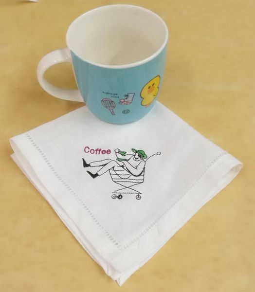 

set of 12 fashion coffee napkin white hemstitched linen napkins with embroidered design handkerchiefs12x12-inch, Black;gray