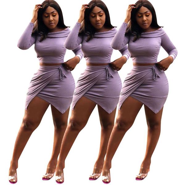 

solid color slash neck long sleeves & irregular tie skirt new arrival autumn women suit style 2 pieces set, Gray