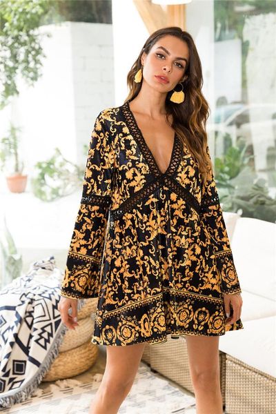 

bohemian dresses fashion floral printed deep v neck mini dresses womens designer dresses hollow out womens, White;black