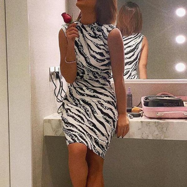 

casual dresses women fashion slim zebra print dress sleeveless midi elegant, Black;gray