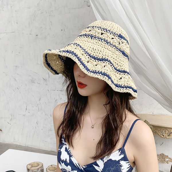 

wide brime straw sun hats for women holiday beach summer sun hat handmade linen dome bucket hat femme shade, Blue;gray