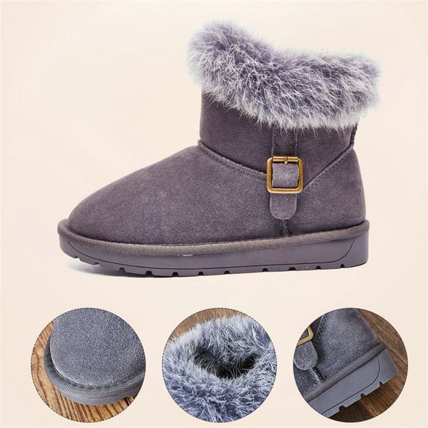 

2020 ankle genuine leather snow boots cow suede warm fur boots women's bucket shoes cowhide flat cotton shoes, Black
