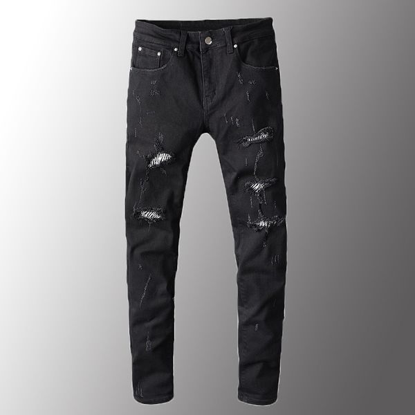 

new men jeans luxury men's zebra print crystal black ripped jeans slim skinny holes destroyed stretch denim pants plus size 40, Blue