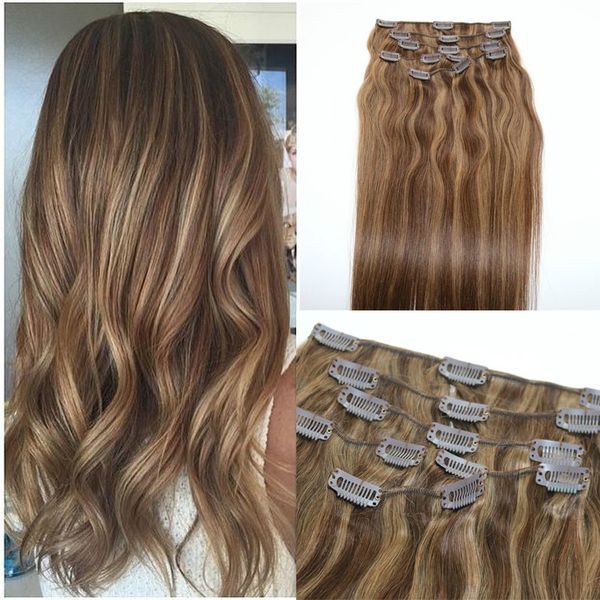 

human hair extensions ombre color two tone #4 brown piano #8 clip in human hair extensions highlights, Black